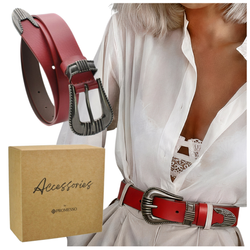 CZERWONY PASEK DAMSKI SKÓRA NATURALNA OZDOBNA KLAMRA
