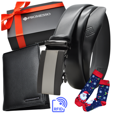 Zestaw ZE SKÓRY PASEK AUTOMAT I PORTFEL PREZENT NA ŚWIĘTA ELEGANCKIE PUDEŁKO SKARPETY 2061