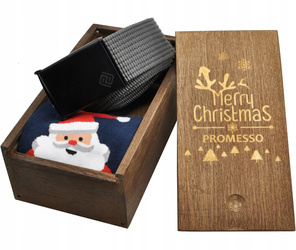 Pasek parciany i skarpety w drewnianym pudełku  ZESTAW  NA PREZENT ŚWIĘTA