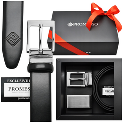 PREZENT NA ŚWIĘTA czarny SKÓRZANY PASEK 2X KLAMRA KLASYCZNA NA BOLEC PUDEŁKO