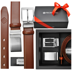 PREZENT NA ŚWIĘTA brązowy SKÓRZANY PASEK 2X KLAMRA KLASYCZNA NA BOLEC PUDEŁKO