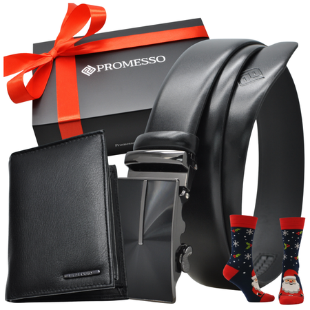 Zestaw ZE SKÓRY PASEK AUTOMAT I PORTFEL PREZENT NA ŚWIĘTA ELEGANCKIE PUDEŁKO SKARPETY 2026