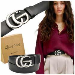 Czarny stylowy Pasek Damski Skóra naturalna SREBRNA KLAMRA + pudełko ECO