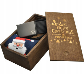 Pasek parciany i skarpety w drewnianym pudełku ZESTAW NA PREZENT ŚWIĘTA